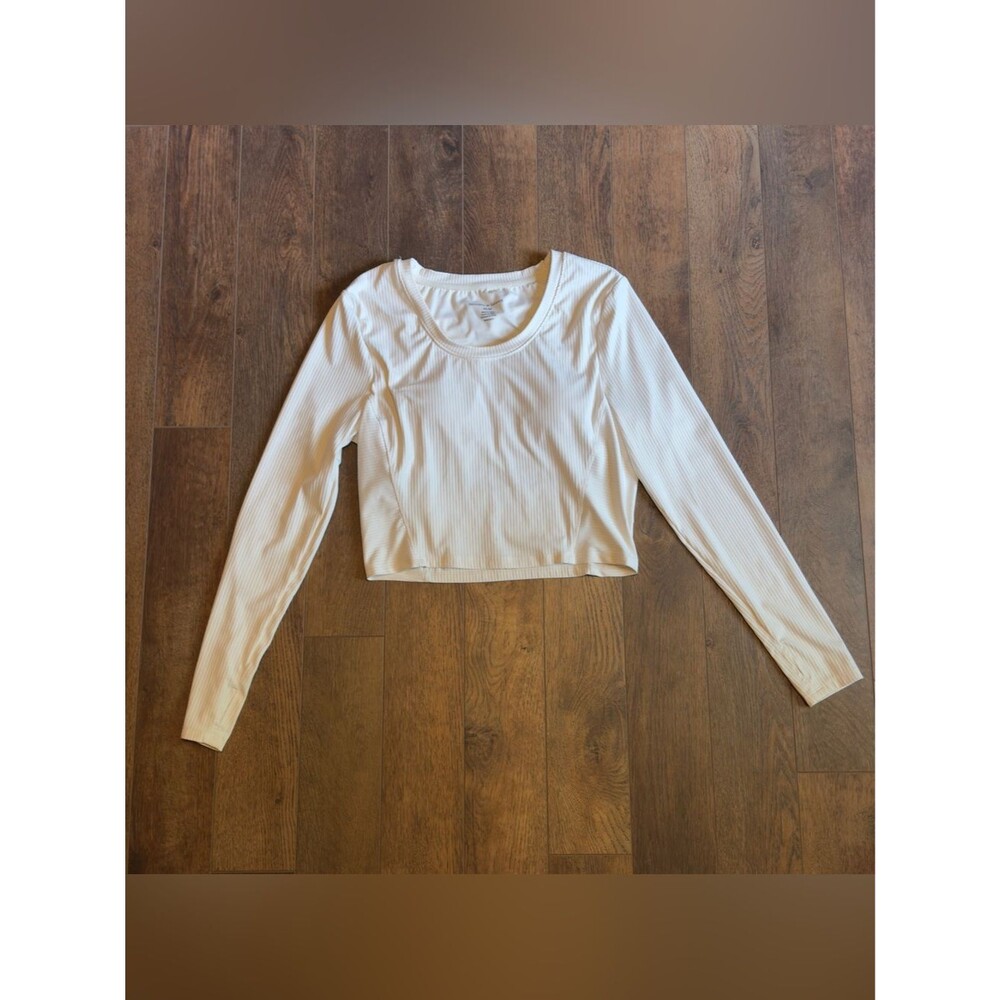 Harmony Balance Sz M White Ribbed Long Sleeve Crop Top W Built In Bra Workout